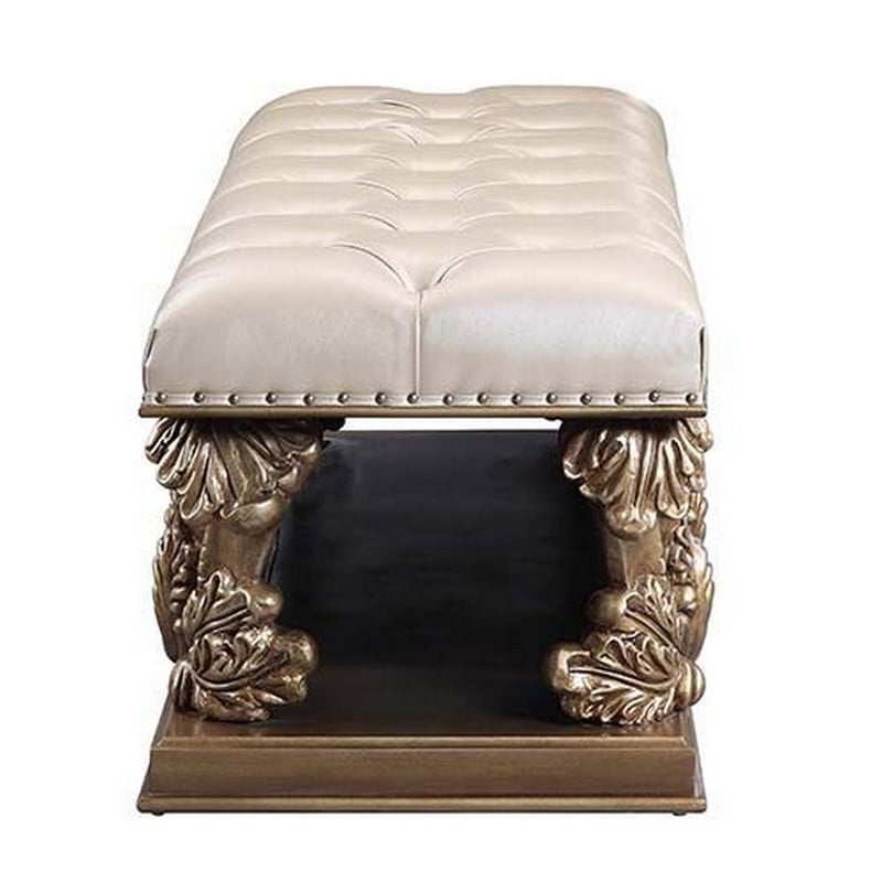 Benjara Bench with Button Tufted Seat and Heavy Scrolled Carving- Antique Gold