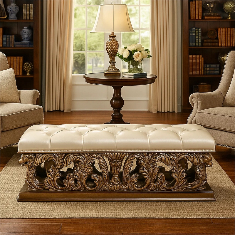 Benjara Bench with Button Tufted Seat and Heavy Scrolled Carving- Antique Gold