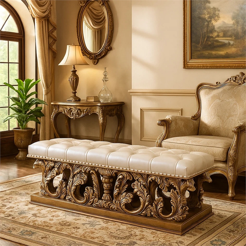Benjara Bench with Button Tufted Seat and Heavy Scrolled Carving- Antique Gold
