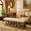 Benjara Bench with Button Tufted Seat and Heavy Scrolled Carving- Antique Gold