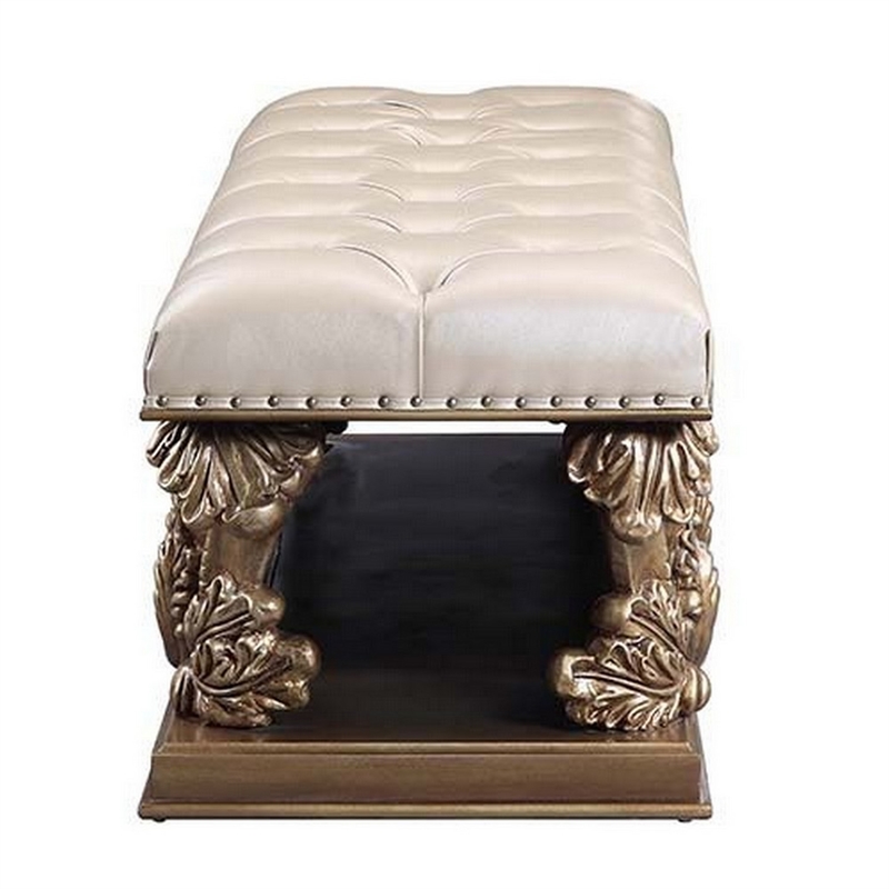 Benjara Bench with Button Tufted Seat and Heavy Scrolled Carving- Antique Gold
