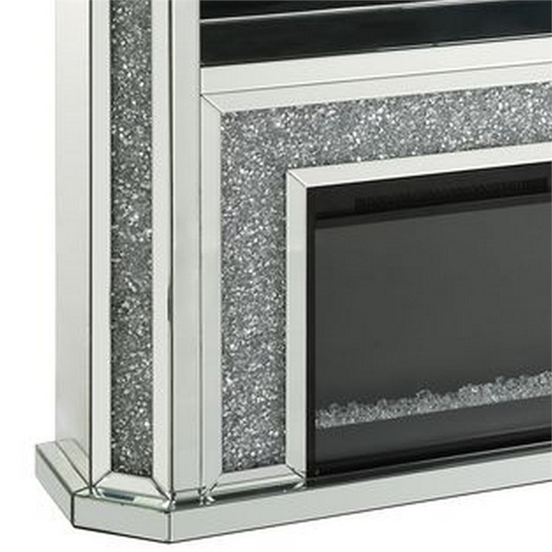 Benjara Electric Fireplace with Mirror Panel Framing and Faux Diamonds- Silver