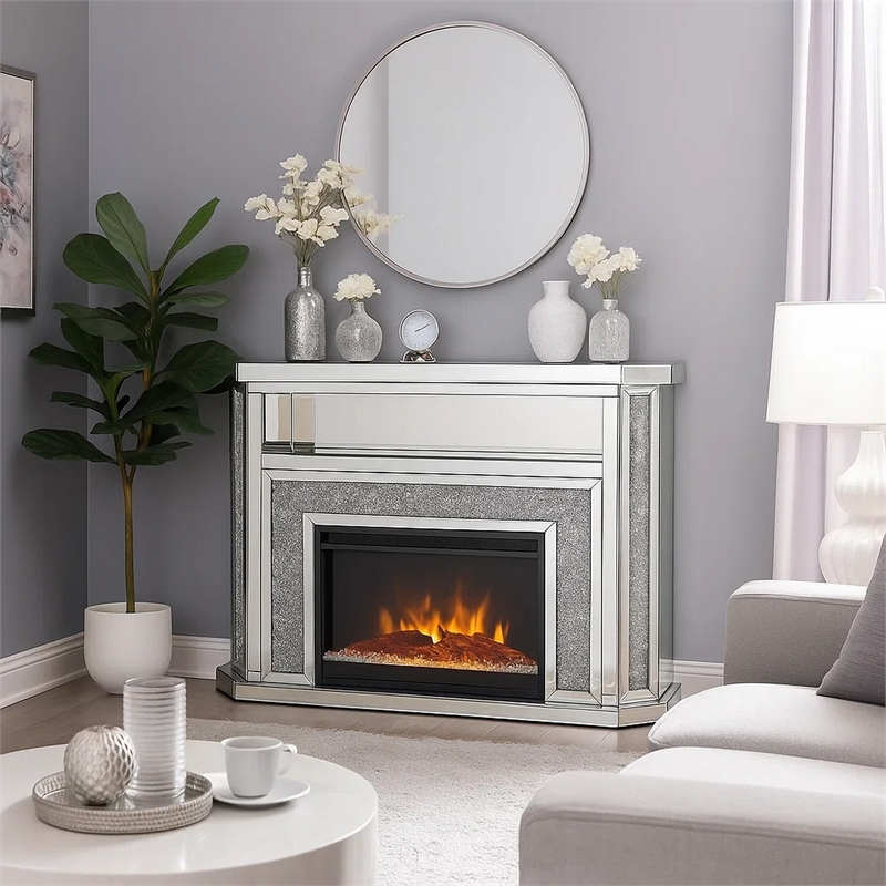 Benjara Electric Fireplace with Mirror Panel Framing and Faux Diamonds- Silver