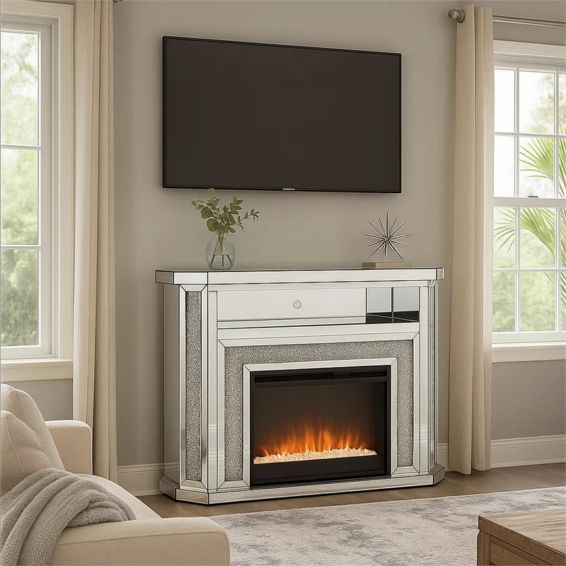 Benjara Electric Fireplace with Mirror Panel Framing and Faux Diamonds- Silver
