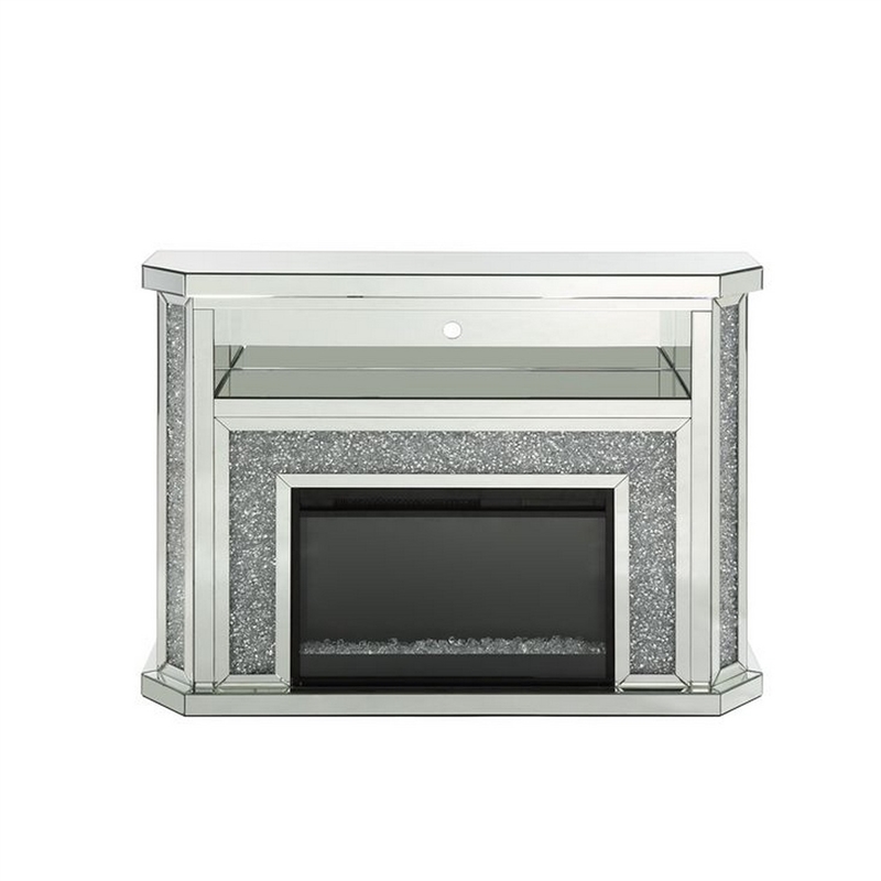 Benjara Electric Fireplace with Mirror Panel Framing and Faux Diamonds- Silver