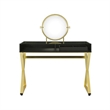 Benjara Vanity Desk with Round Mirror and Cross Metal Legs- Black and Gold