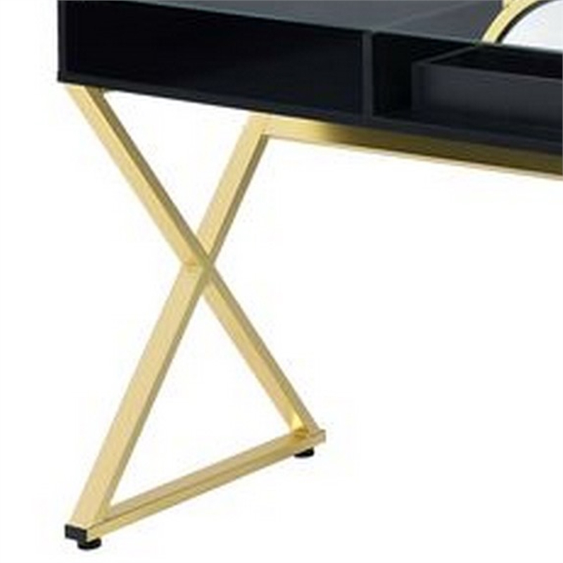 Benjara Vanity Desk with Round Mirror and Cross Metal Legs- Black and Gold