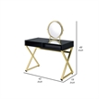 Benjara Vanity Desk with Round Mirror and Cross Metal Legs- Black and Gold