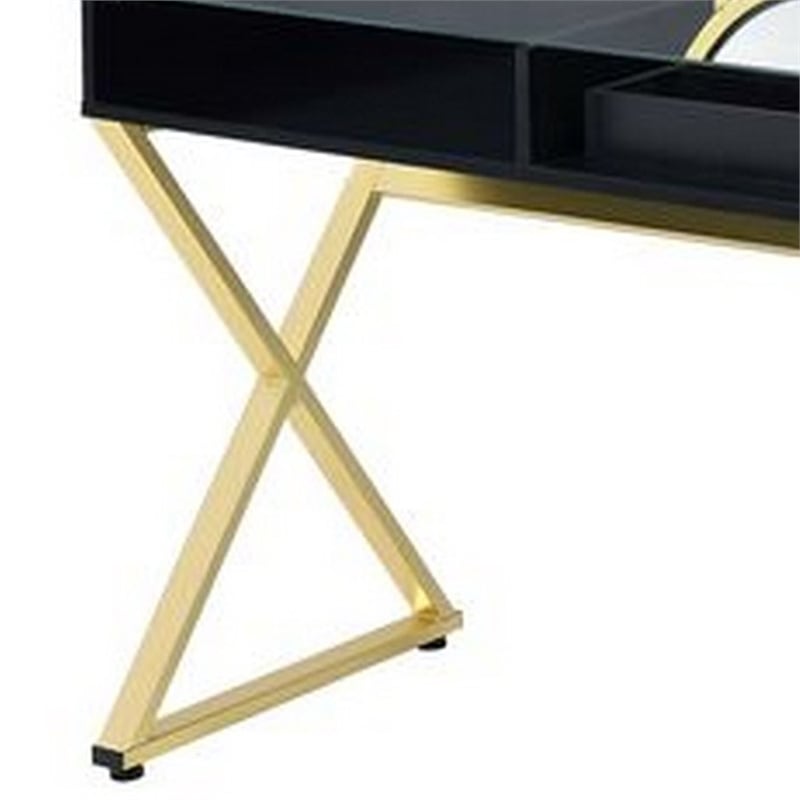Benjara Vanity Desk with Round Mirror and Cross Metal Legs- Black and Gold