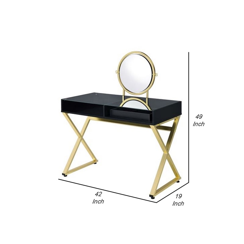 Benjara Vanity Desk with Round Mirror and Cross Metal Legs- Black and Gold