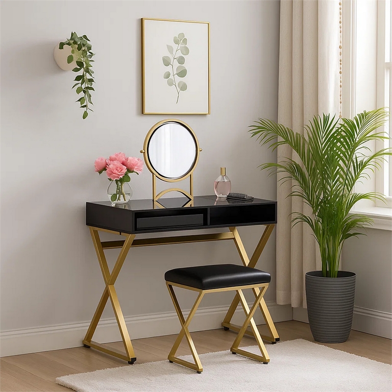 Benjara Vanity Desk with Round Mirror and Cross Metal Legs- Black and Gold