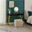 Benjara Vanity Desk with Round Mirror and Cross Metal Legs- Black and Gold