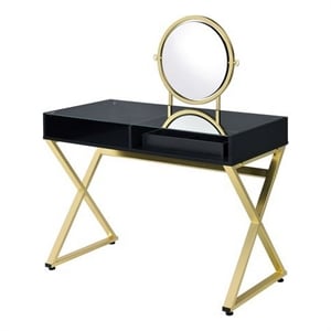 Benjara Vanity Desk with Round Mirror and Cross Metal Legs- Black and Gold