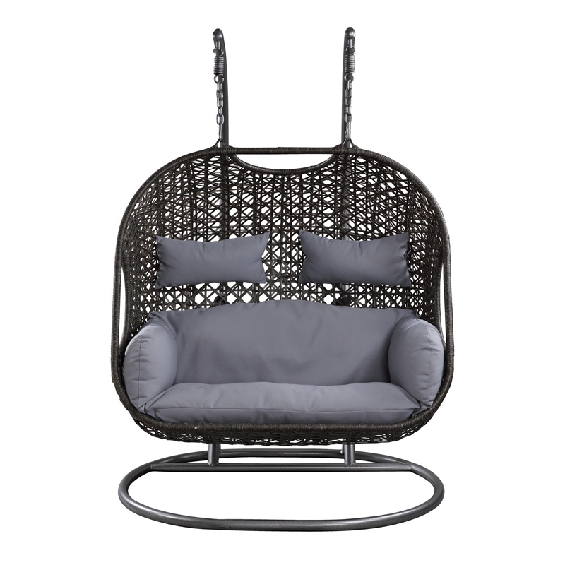 Benjara Patio Swing Chair with Tubular Stand and Wicker Weaving- Black