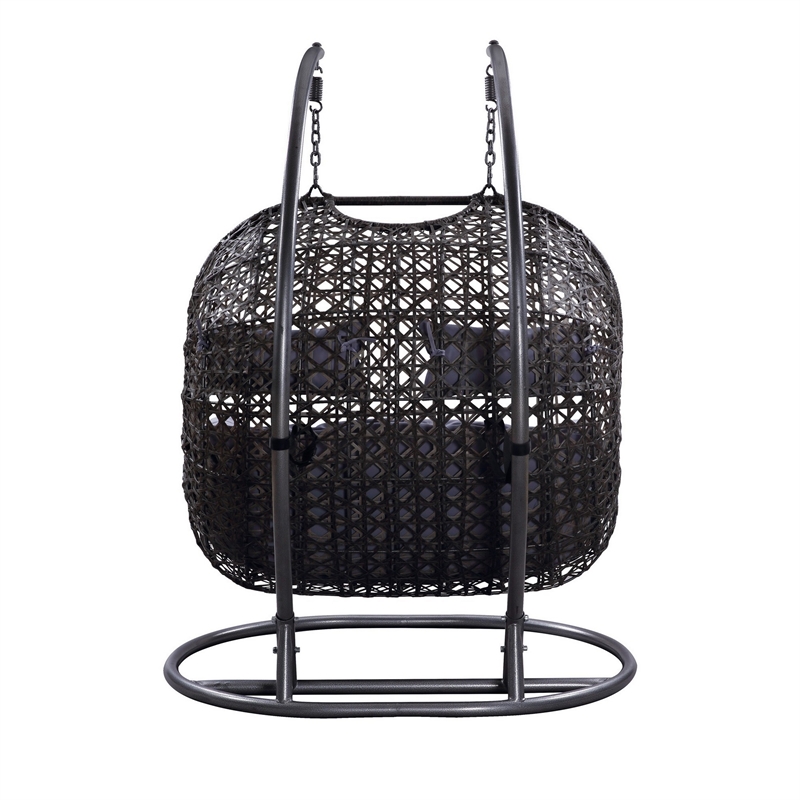 Benjara Patio Swing Chair with Tubular Stand and Wicker Weaving- Black