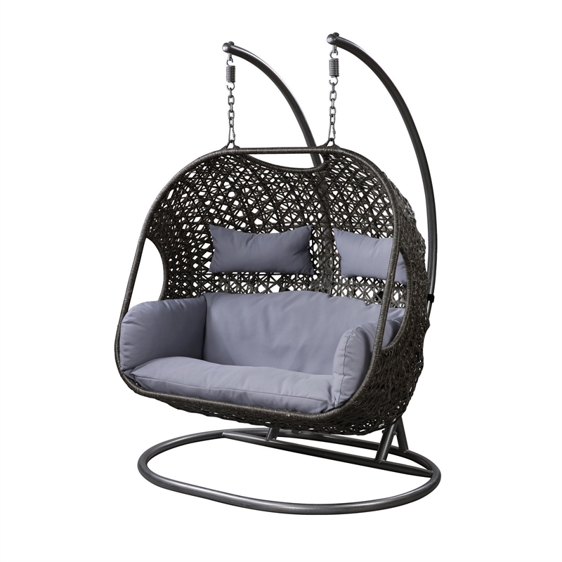 Benjara Patio Swing Chair with Tubular Stand and Wicker Weaving- Black