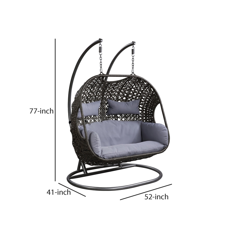 Benjara Patio Swing Chair with Tubular Stand and Wicker Weaving- Black