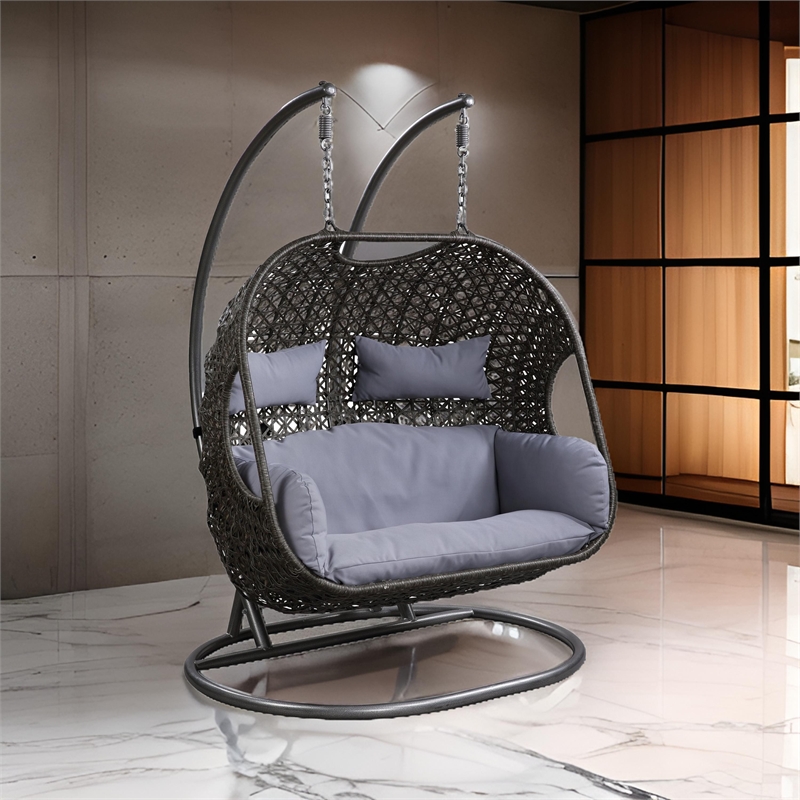 Benjara Patio Swing Chair with Tubular Stand and Wicker Weaving- Black