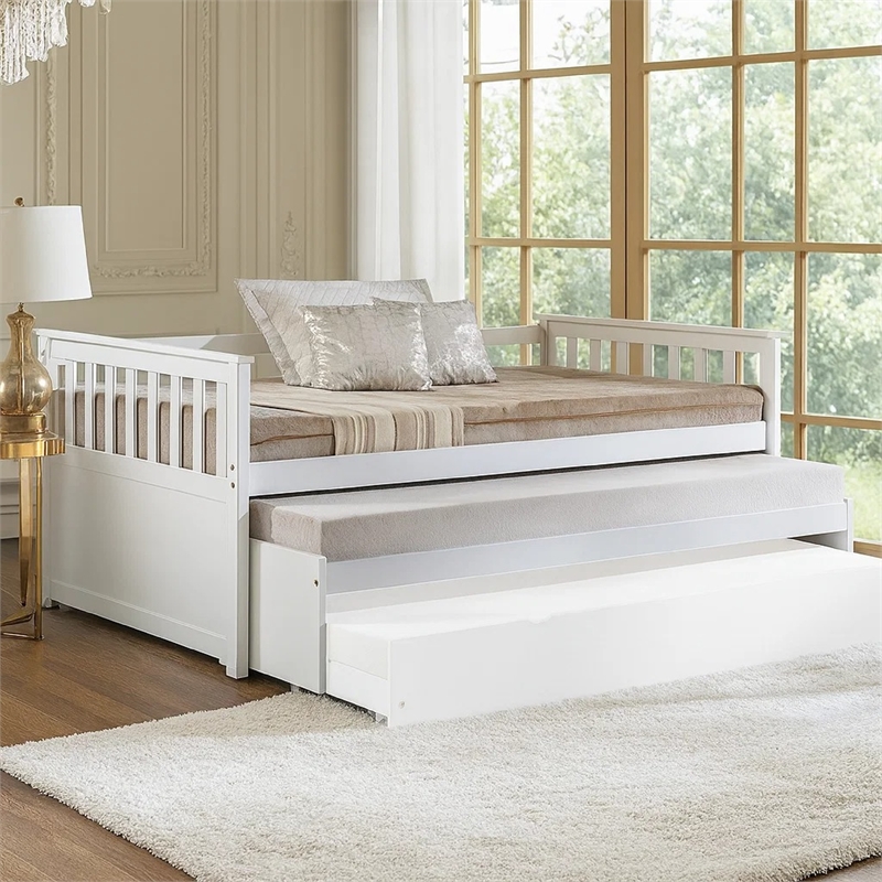 Benjara Twin Pull Out and Daybed with Slatted Side Panels- White