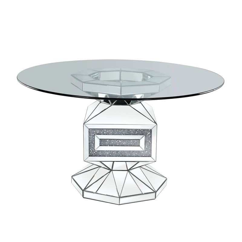 Benjara Dining Table with Glass Top and Mirrored Pedestal Base- Silver