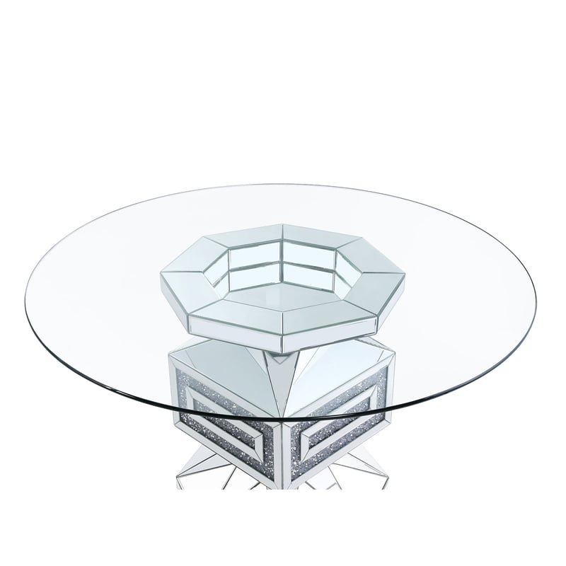 Benjara Dining Table with Glass Top and Mirrored Pedestal Base- Silver