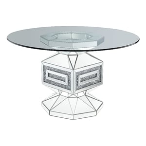 Benjara Dining Table with Glass Top and Mirrored Pedestal Base- Silver