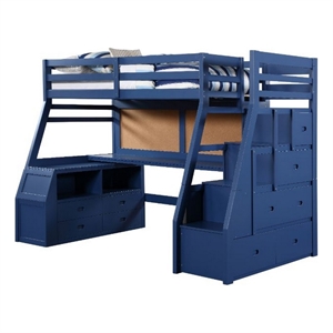 Benjara Twin Loft Bed with 9 Drawers and Inbuilt Ladder- Blue