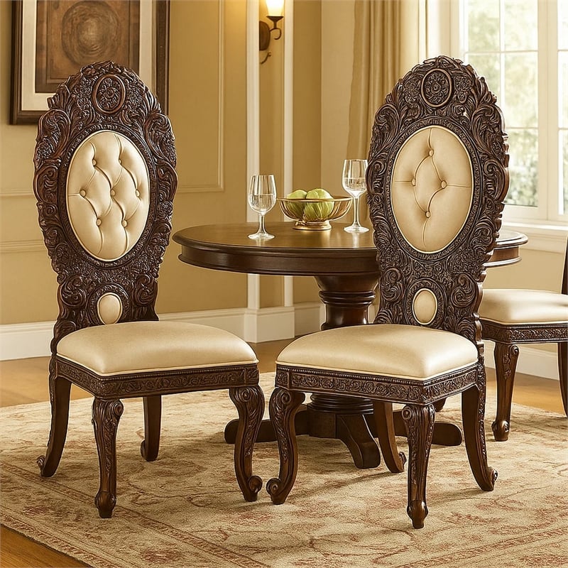 Benjara Side Chair with Intricate Carvings and Queen Anne Legs (Set of 2)- Brown