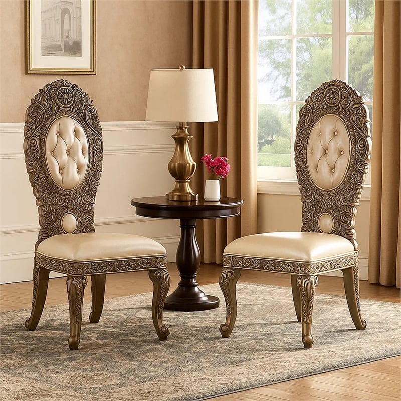 Benjara Side Chair with Intricate Carvings and Queen Anne Legs (Set of 2)- Brown