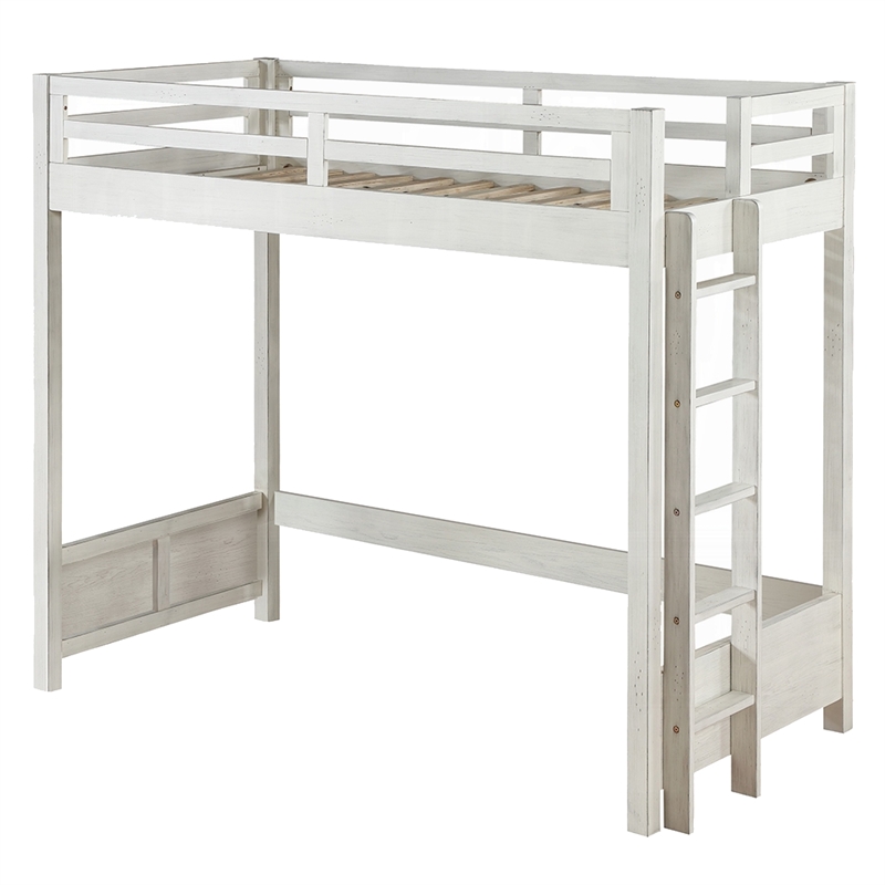 Benjara Twin Loft Bed with 1 Queen Bed and Fixed Ladder- White
