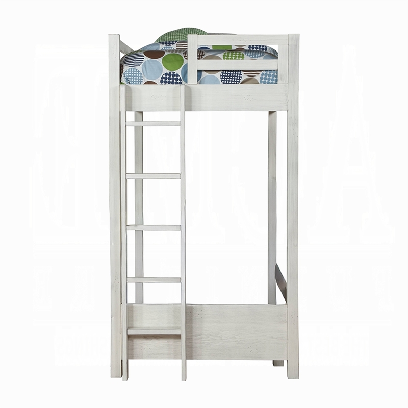 Benjara Twin Loft Bed with 1 Queen Bed and Fixed Ladder- White