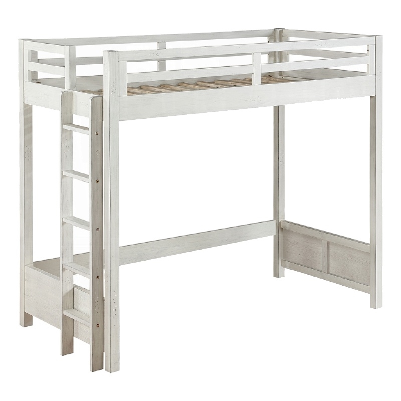 Benjara Twin Loft Bed with 1 Queen Bed and Fixed Ladder- White