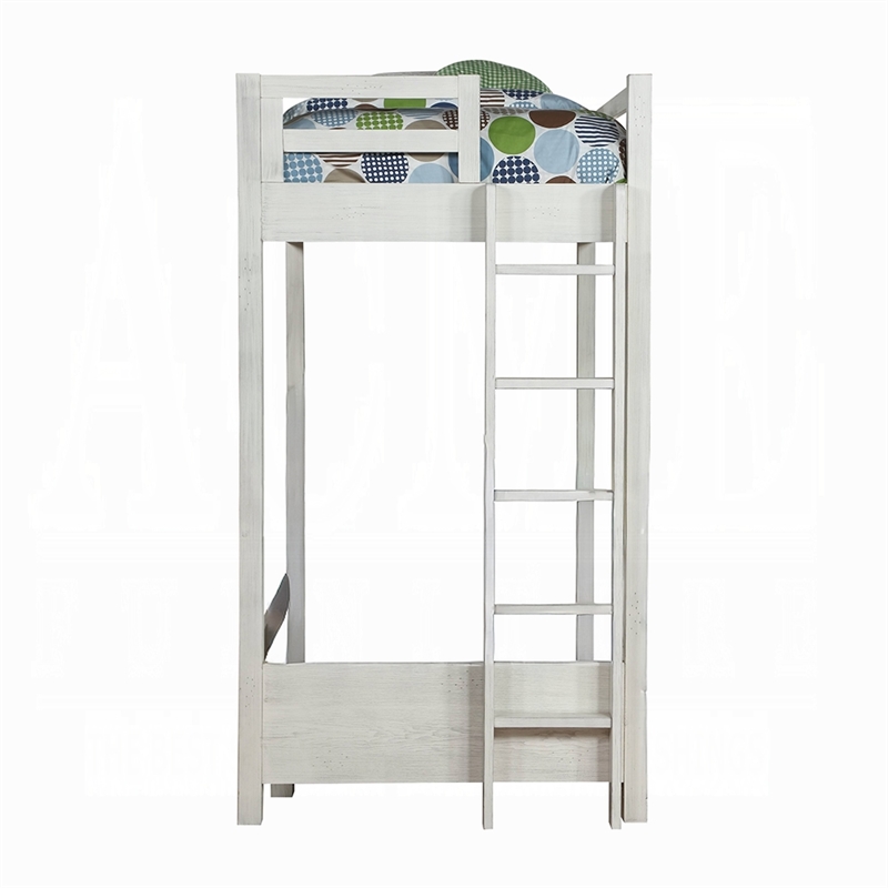 Benjara Twin Loft Bed with 1 Queen Bed and Fixed Ladder- White