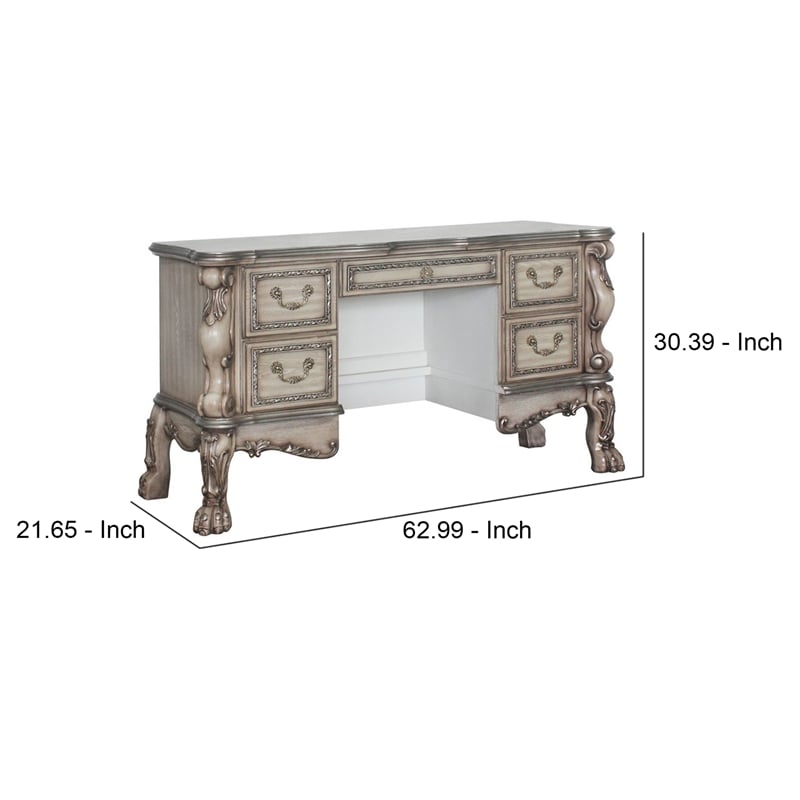 Benjara Vanity Desk with 5 Drawers and Traditional Carved Claw Legs- Off White