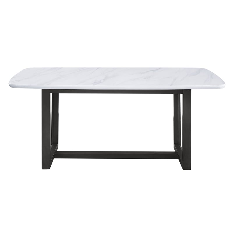 Benjara Dining Table with Marble Top and Trestle Base- Gray