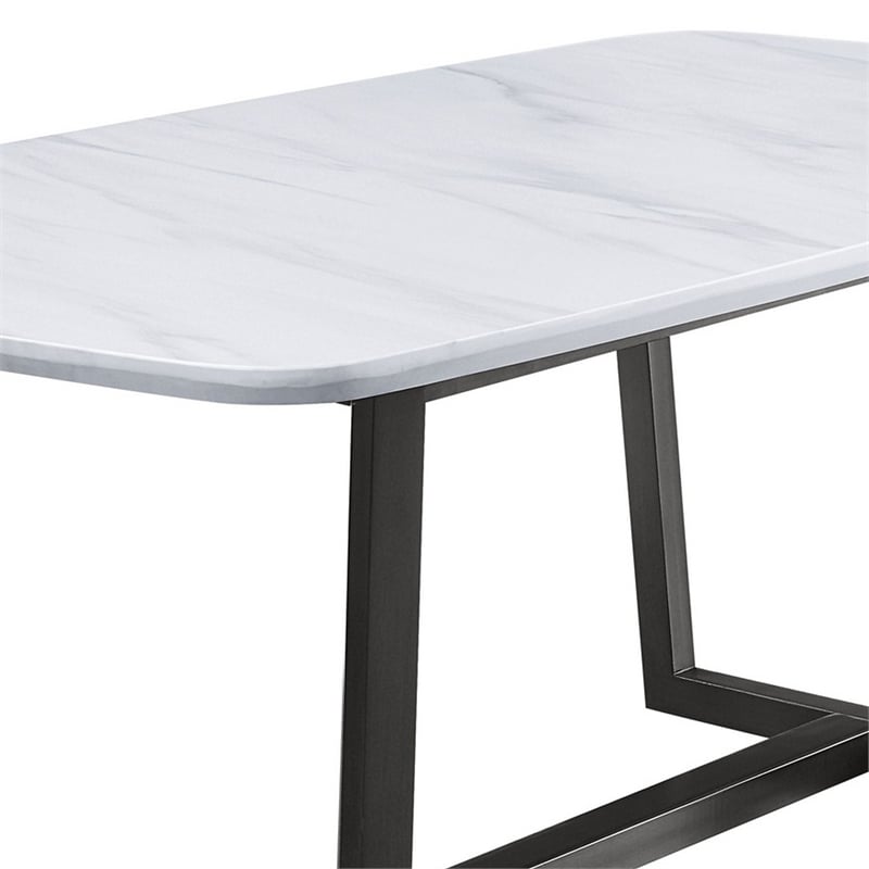 Benjara Dining Table with Marble Top and Trestle Base- Gray