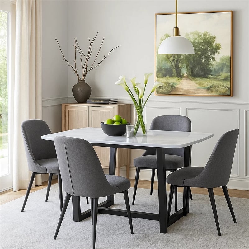 Benjara Dining Table with Marble Top and Trestle Base- Gray