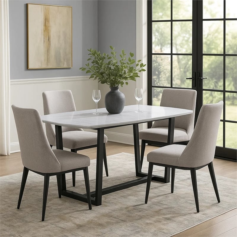 Benjara Dining Table with Marble Top and Trestle Base- Gray