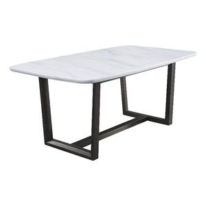 Benjara Dining Table with Marble Top and Trestle Base- Gray