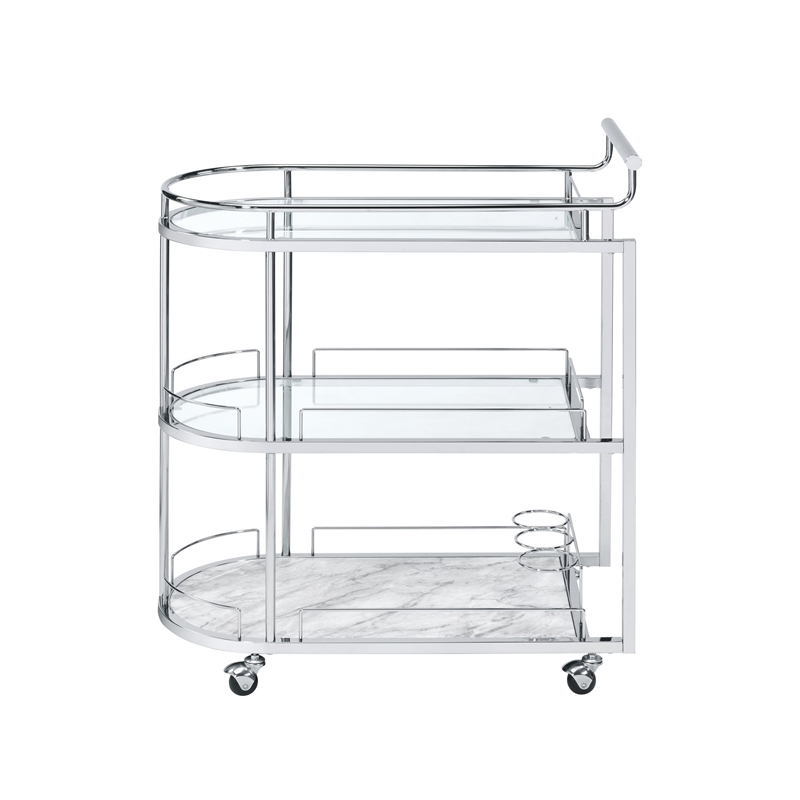 Benjara Serving Cart with Oval Shape and Metal Bar Handle- Silver