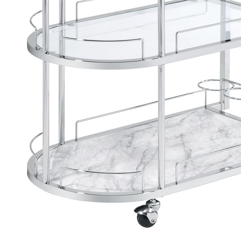 Benjara Serving Cart with Oval Shape and Metal Bar Handle- Silver