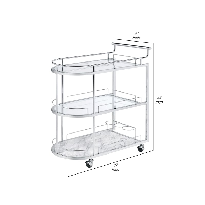 Benjara Serving Cart with Oval Shape and Metal Bar Handle- Silver