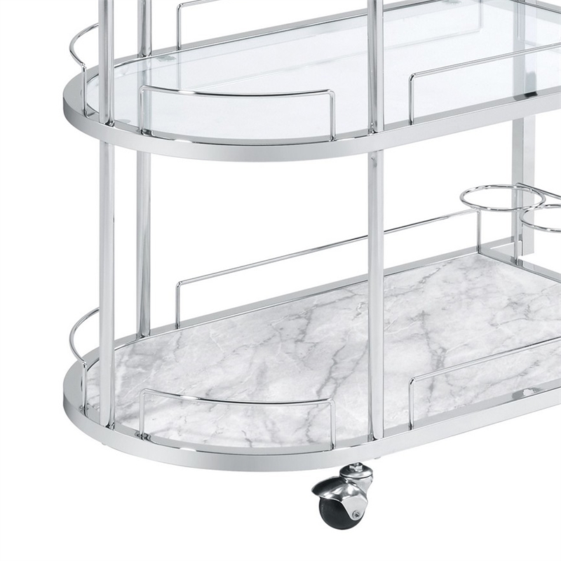 Benjara Serving Cart with Oval Shape and Metal Bar Handle- Silver