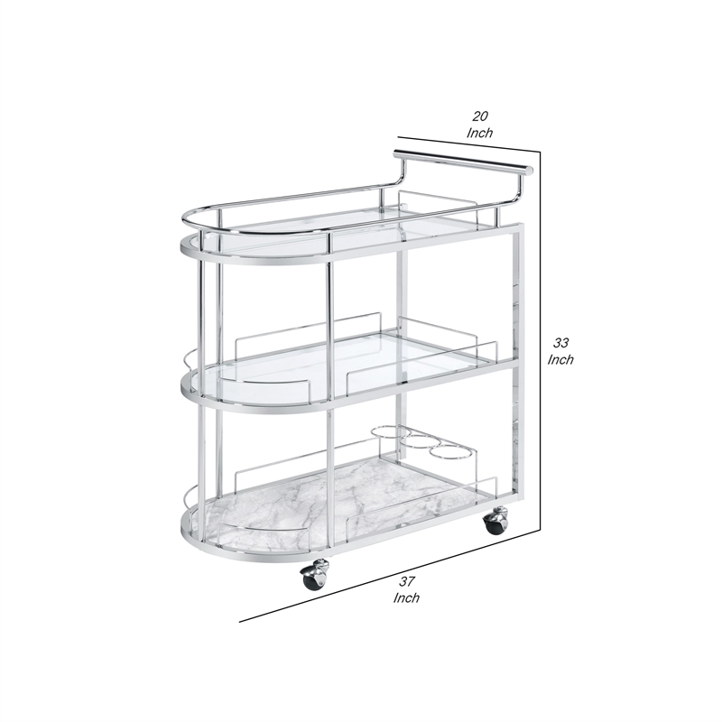 Benjara Serving Cart with Oval Shape and Metal Bar Handle- Silver