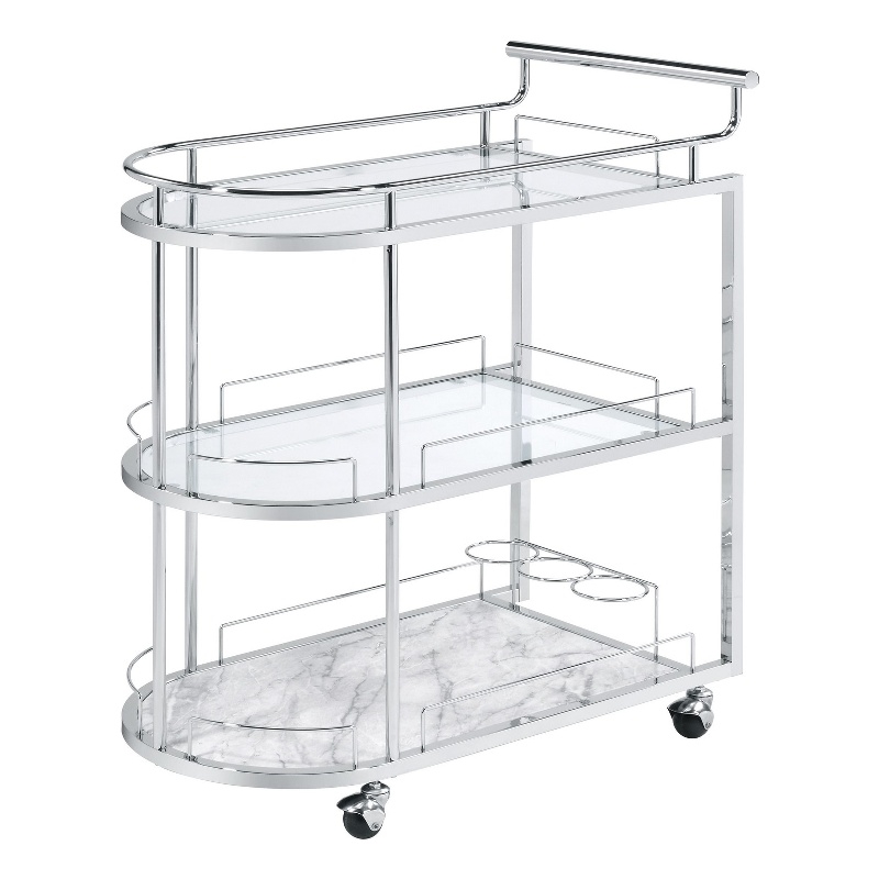 Benjara Serving Cart with Oval Shape and Metal Bar Handle- Silver