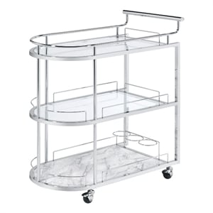 Benjara Serving Cart with Oval Shape and Metal Bar Handle- Silver