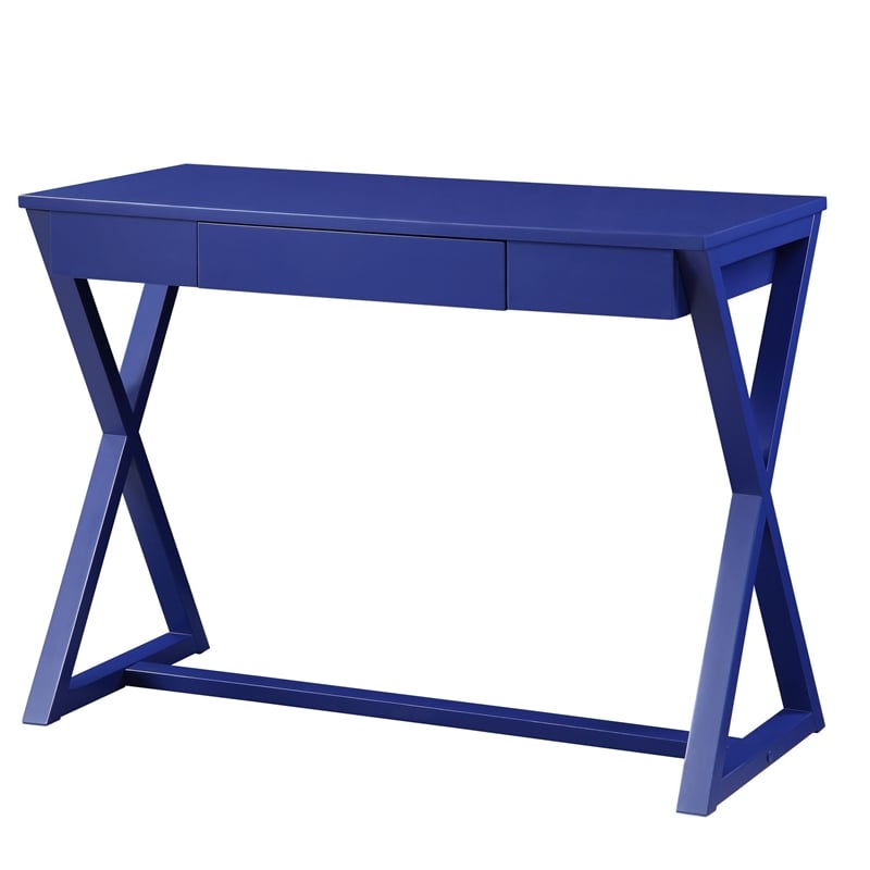 Benjara Writing Desk with X Base and 1 Center Drawer- Blue