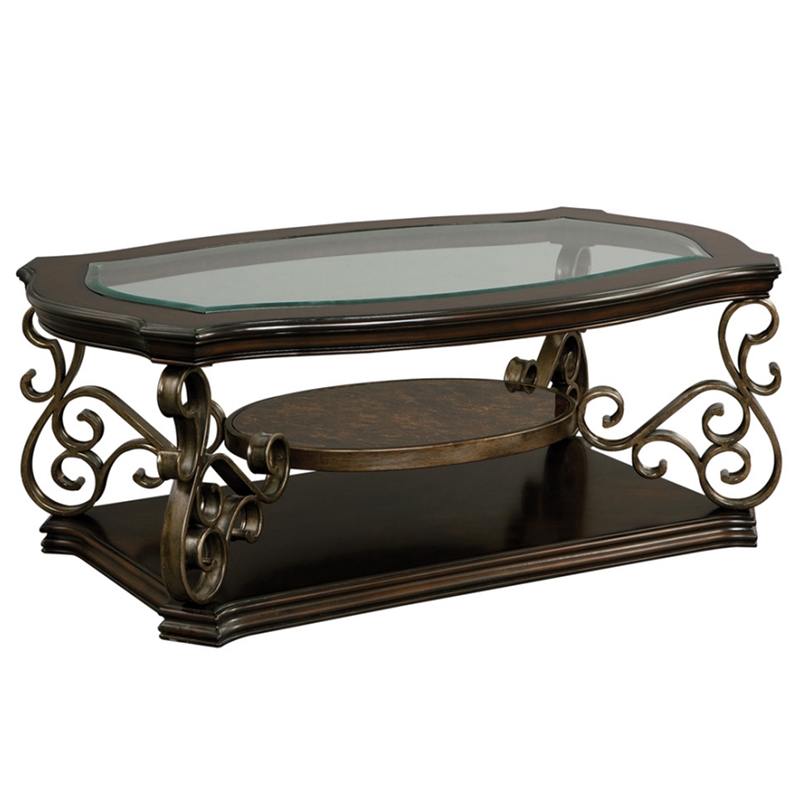 Benjara Cocktail Table with Glass Top and Scroll Accent- Brown