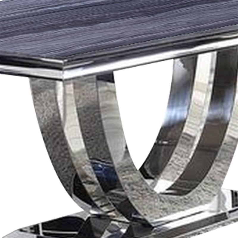Benjara Dining Table with Faux Marble Top and Open Pedestal Base- Chrome