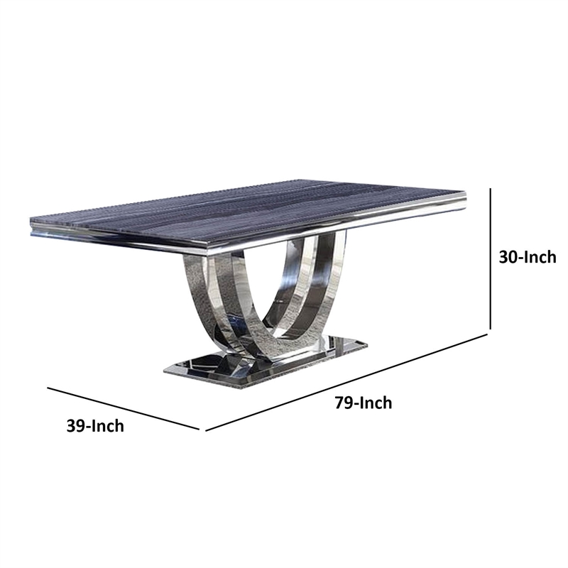 Benjara Dining Table with Faux Marble Top and Open Pedestal Base- Chrome